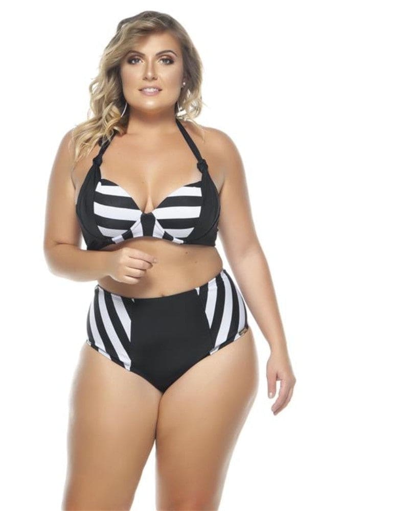 Front of a model wearing a size 22 Two Colored High Waisted Bikini Bottom in Black Stripe by Lehona. | dia_product_style_image_id:267930